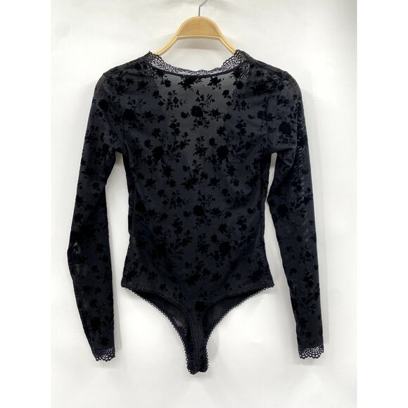 Free People S black mesh velvet burnout Bodysuit - Picture 5 of 6